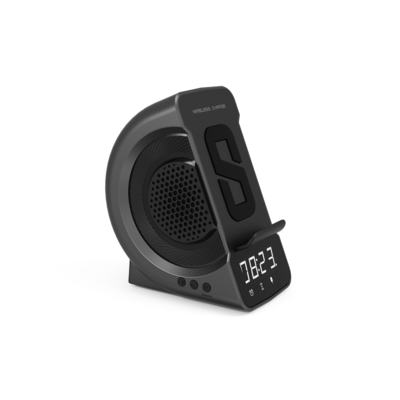 Bluetooth hoparlörü ile saat ve hızlı şarj cihazı ile kablosuz şarj cihazı
