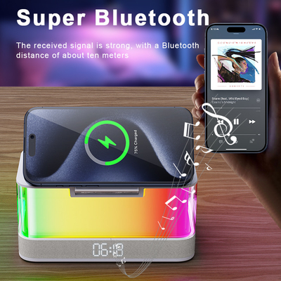 Renkli Işıklarla Qi Ayarlı Kablosuz Şarj Aracı ve Bluetooth Hoparlörü Qi Ayarlı Aygıtlar